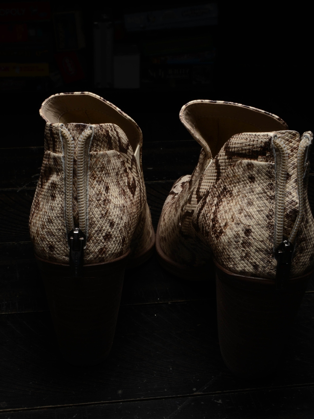 Vince Camuto Snake-Textured Zip Back Ankle Booties in Cream and Brown